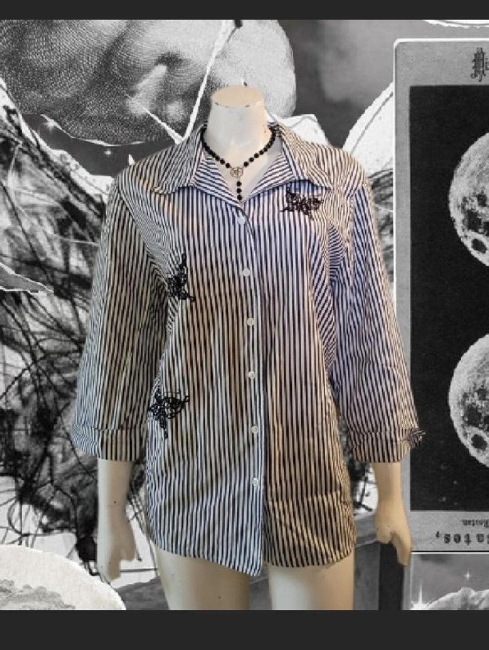 VTG 80s 90s Blair Black & White Striped Button-Up Shirt W/ Butterfly Embroidery